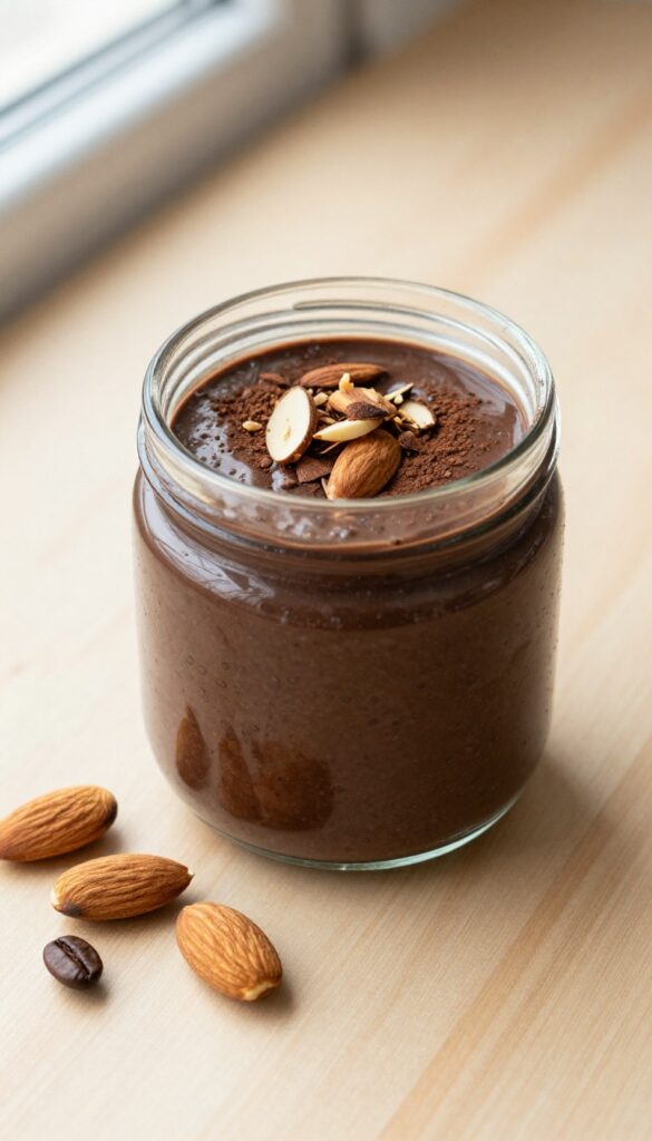 Keto mocha almond chocolate chia pudding in a glass jar with toasted almonds and cocoa powder on a wooden surface.