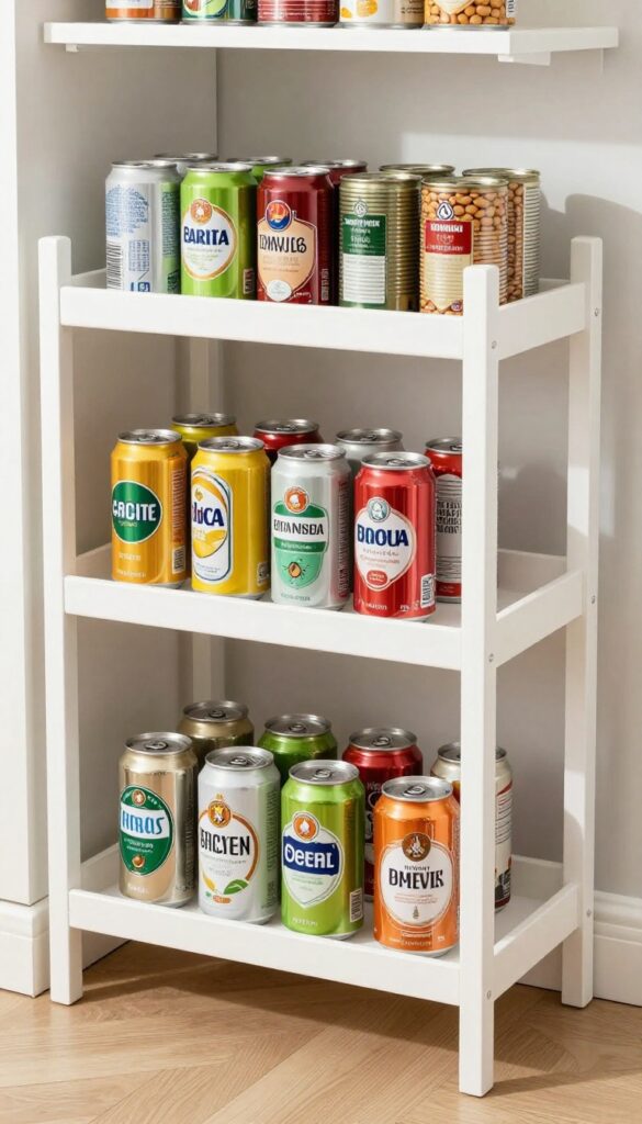 Stackable can racks on a pantry shelf holding soda cans and canned goods neatly organized.