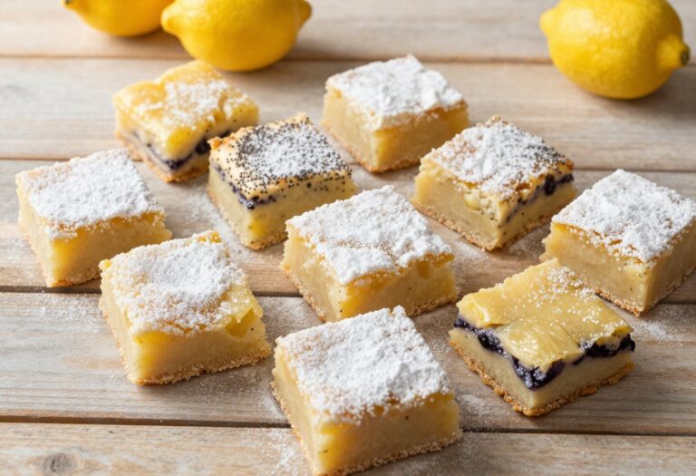 Assorted keto lemon bars on a wooden platter, dusted with powdered sweetener