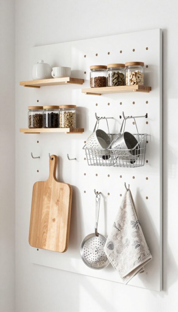 Pegboard wall in a small pantry with hooks and baskets holding kitchen tools and spices