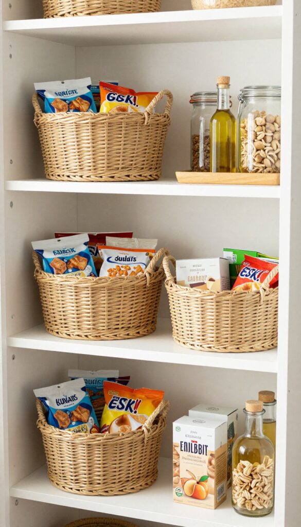 Woven baskets on a pantry shelf holding snack bags, with glass jars and a tray nearby, in bright natural light.