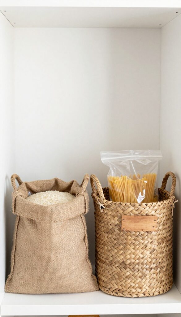 Woven seagrass baskets with handles on a pantry shelf, one containing a burlap sack of rice and the other a bag of pasta, with a wooden label tag.