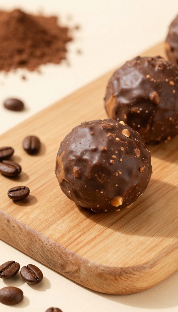 Mocha peanut butter energy bomb on wooden board with coffee beans and cocoa powder