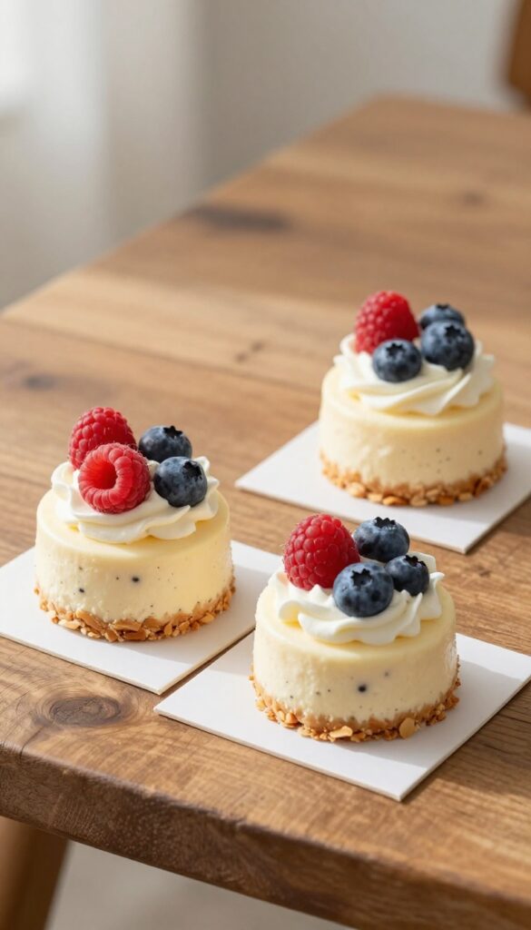 Three mini vanilla bean cheesecakes with whipped cream and berries on a wooden table.