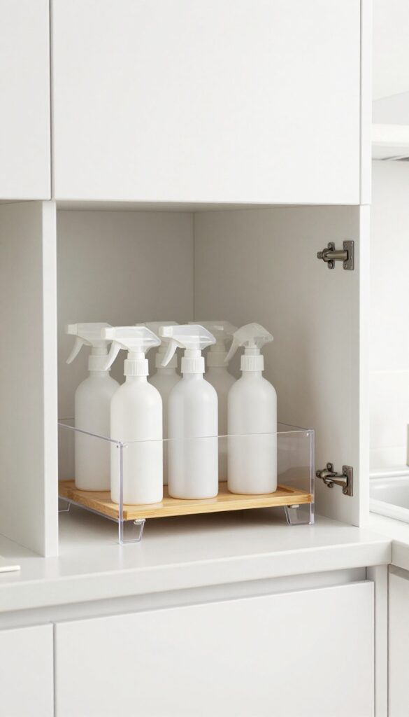 Open kitchen cabinet under sink with clear acrylic lazy Susan holding organized cleaning supplies in bright natural light