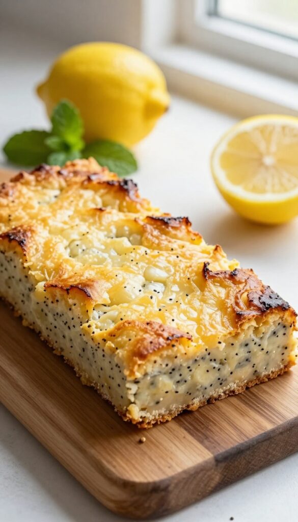 Keto lemon poppy seed bar with crunchy golden top on wooden board with lemon slices and mint