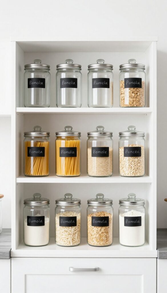 Organized kitchen cabinet with clear canisters for dry goods on tiered shelf and lazy Susan