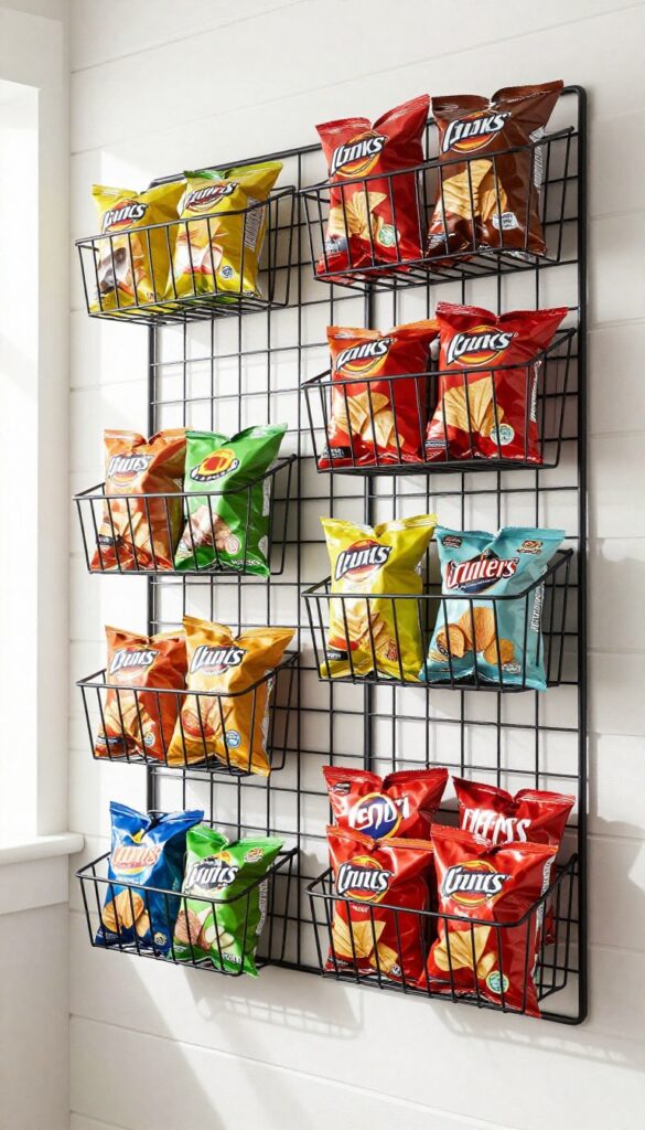 A wire grid wall system with metal baskets holding chip bags in a bright, organized pantry.