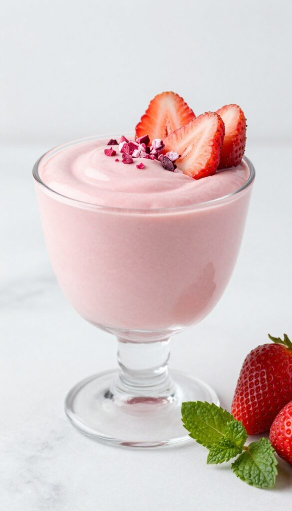Keto strawberry mousse in a glass cup with fresh strawberry slices and freeze-dried strawberry crumble on a marble surface.