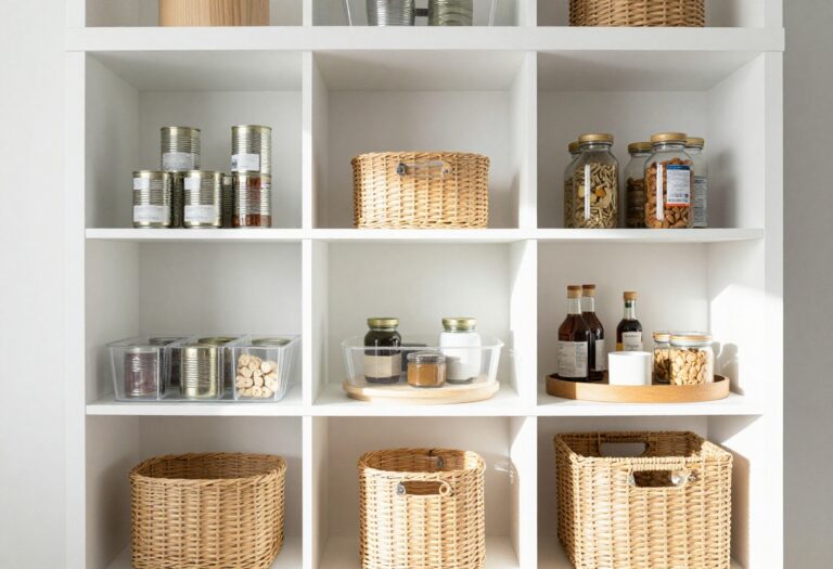 Small pantry with clear bins, tiered shelves, and a lazy Susan, neatly organized with food items.