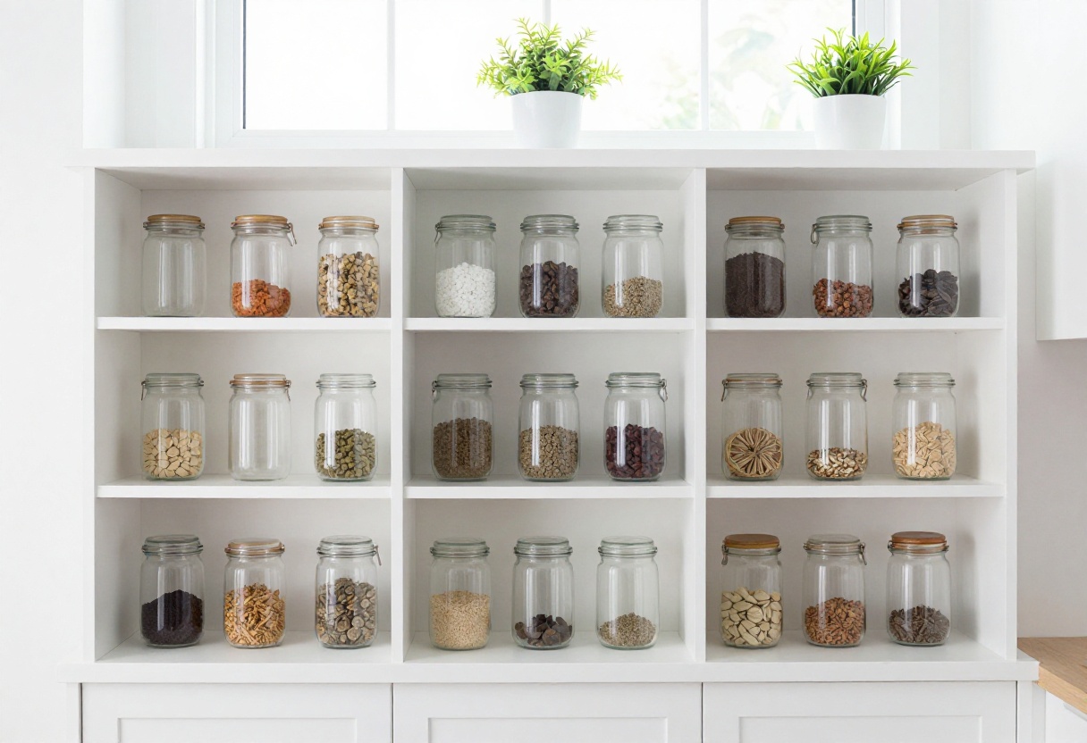 Bright pantry with organized glass spice jars on white shelves