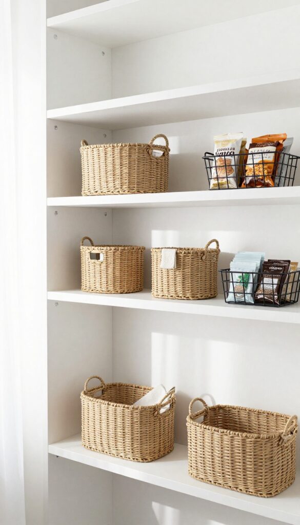 Pantry shelf with woven baskets and wire basket holding snacks and loose items, natural light, clean and organized