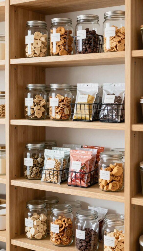 Under-shelf wire basket filled with snack bars and tea bags in a bright, organized pantry.