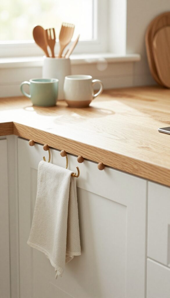 Cozy kitchen island with a wooden peg rail holding mugs and utensils, bright natural light, farmhouse style