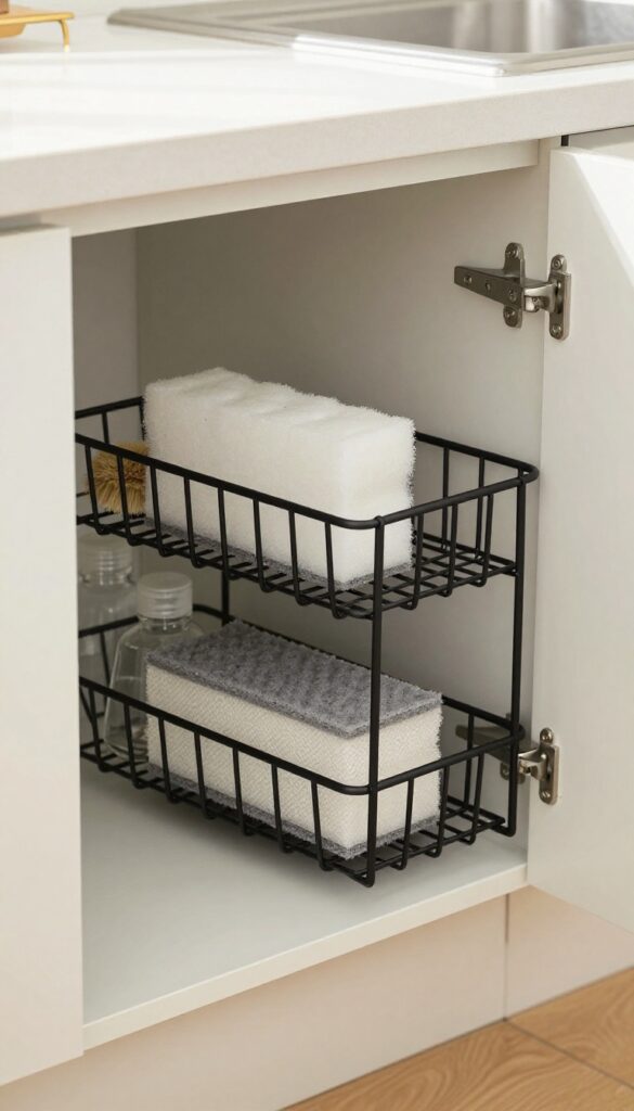 Under sink cabinet with over-the-door rack holding sponges, brush, and bottles