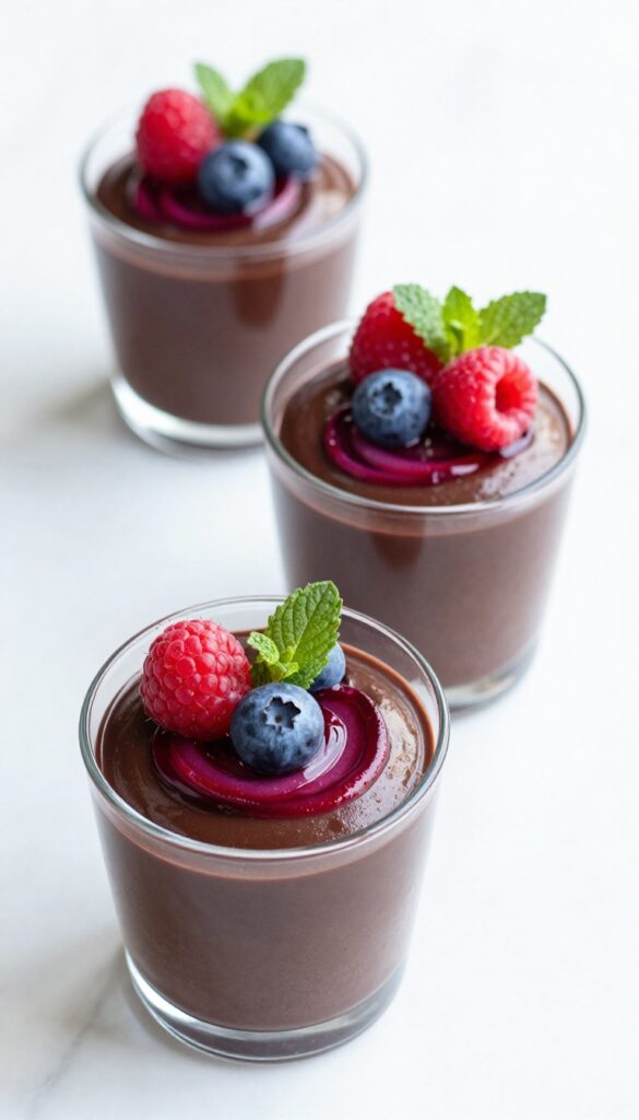 Two glasses of chocolate mousse with berry swirl, topped with fresh berries and mint on a marble surface.
