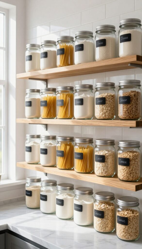 Open kitchen shelves with uniform glass jars filled with dry goods, neatly arranged in natural light