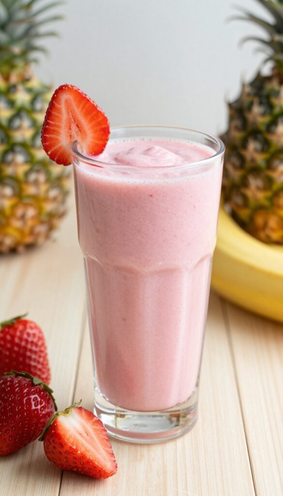 A tall glass of strawberry banana smoothie with fresh strawberries and banana on a wooden table