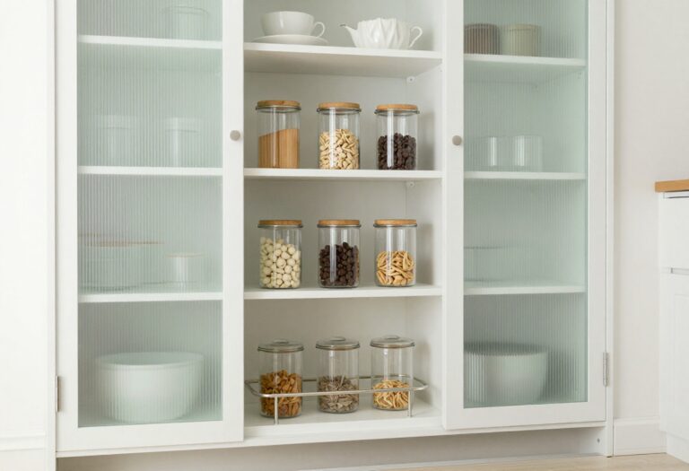Modern kitchen pantry with frosted glass doors, clear canisters, and a rolling cart in soft natural light.