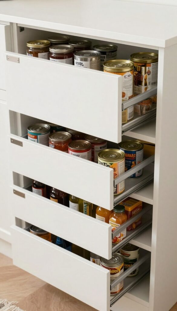 Pull-out drawers for deep garage pantry shelves with organized canned goods and clear bins.