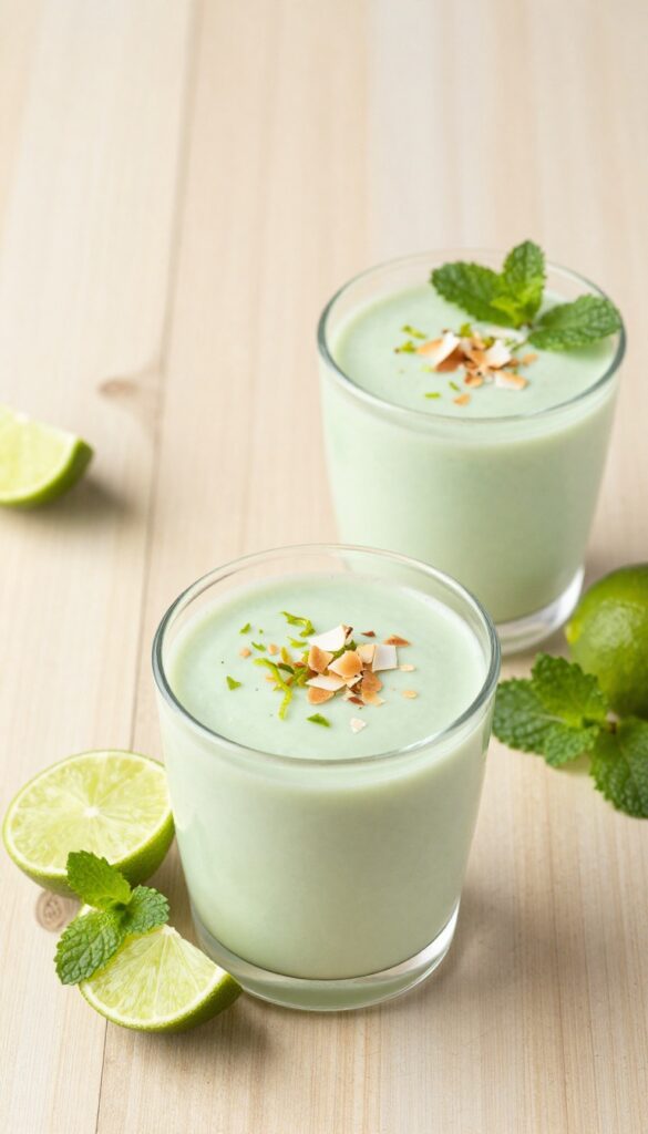 Coconut lime pudding in glass cups with lime zest and toasted coconut garnish on a wooden table.