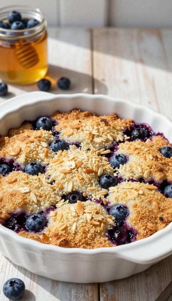 Golden-brown blueberry cobbler with oat topping in a white dish on a wooden table