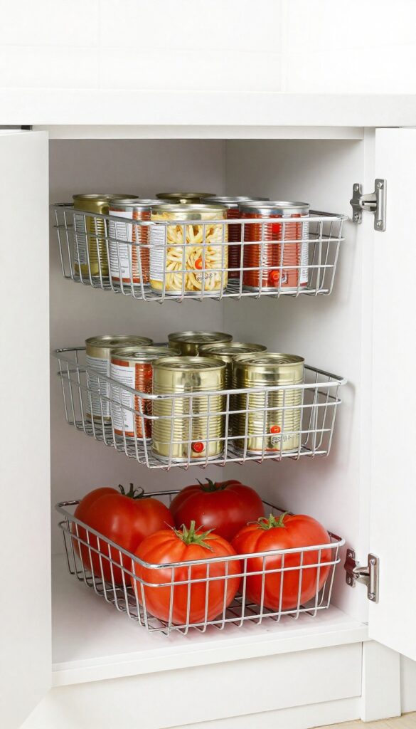Tiered pull-out wire baskets in a pantry cabinet, organized with canned goods labels facing forward