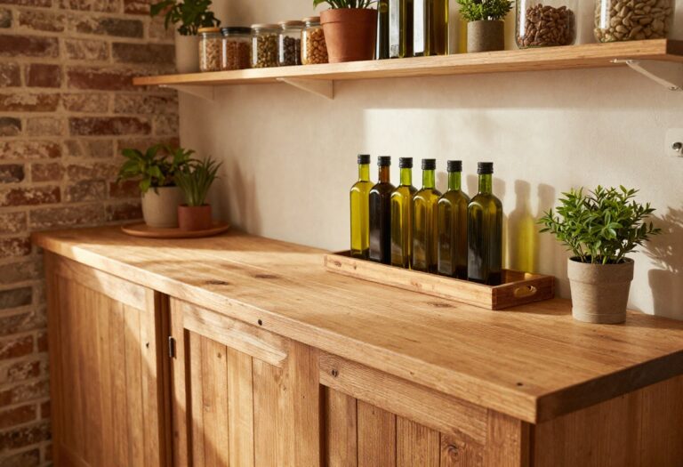 Cozy kitchen with organized bottles on a wooden tray and open shelf, warm lighting, and earthy decor.