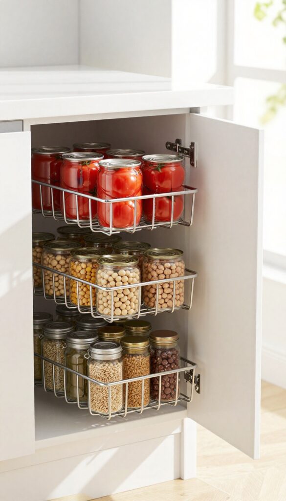 Over-the-door rack in a pantry filled with canned goods and spices