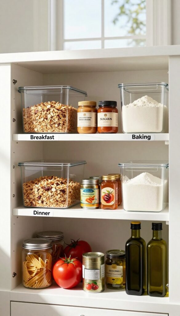 Organized pantry with clear bins grouping breakfast, baking, and dinner items on shelves, natural light, clean and calm.