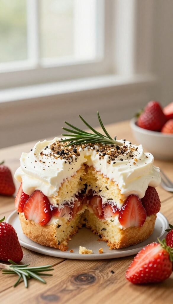 Keto savory herb shortcake cup with balsamic strawberries and whipped cream on a wooden table.