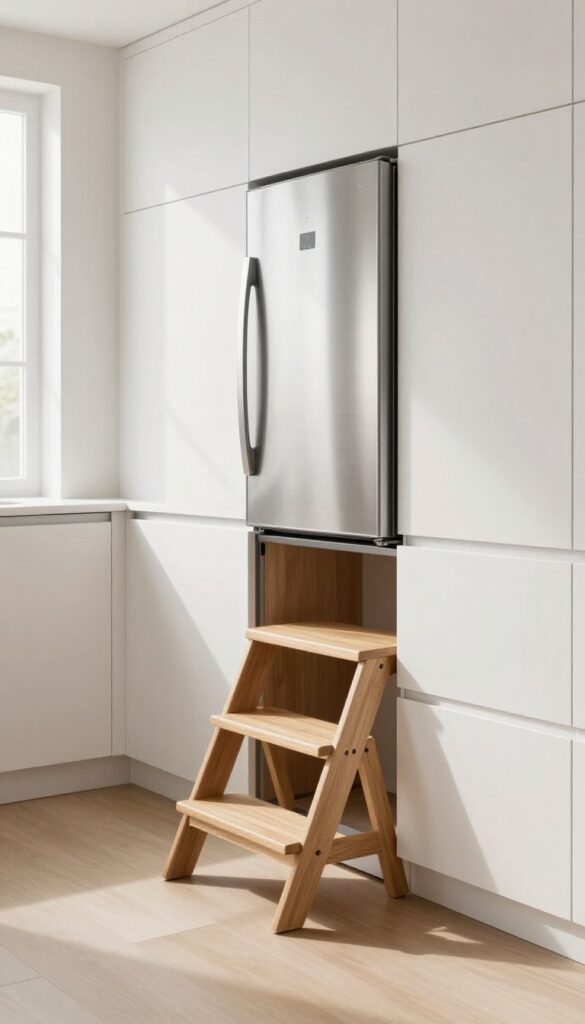 Slim foldable wooden step stool tucked into narrow gap between fridge and cabinet in bright minimalist kitchen