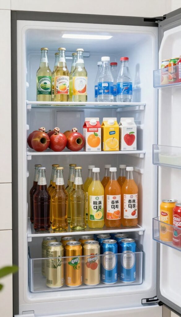 Organized fridge door with adjustable bins holding bottles and cans upright, creating a tidy and accessible drink storage system.