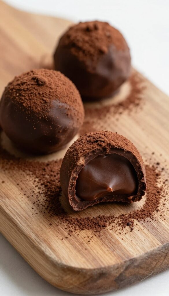 Dark chocolate truffles dusted with cocoa and coffee on a wooden board.