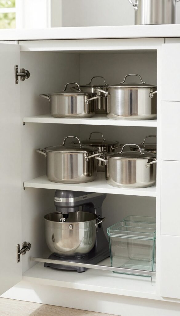 Deep base cabinet with pull-out shelves neatly organizing pots, pans, and a stand mixer.