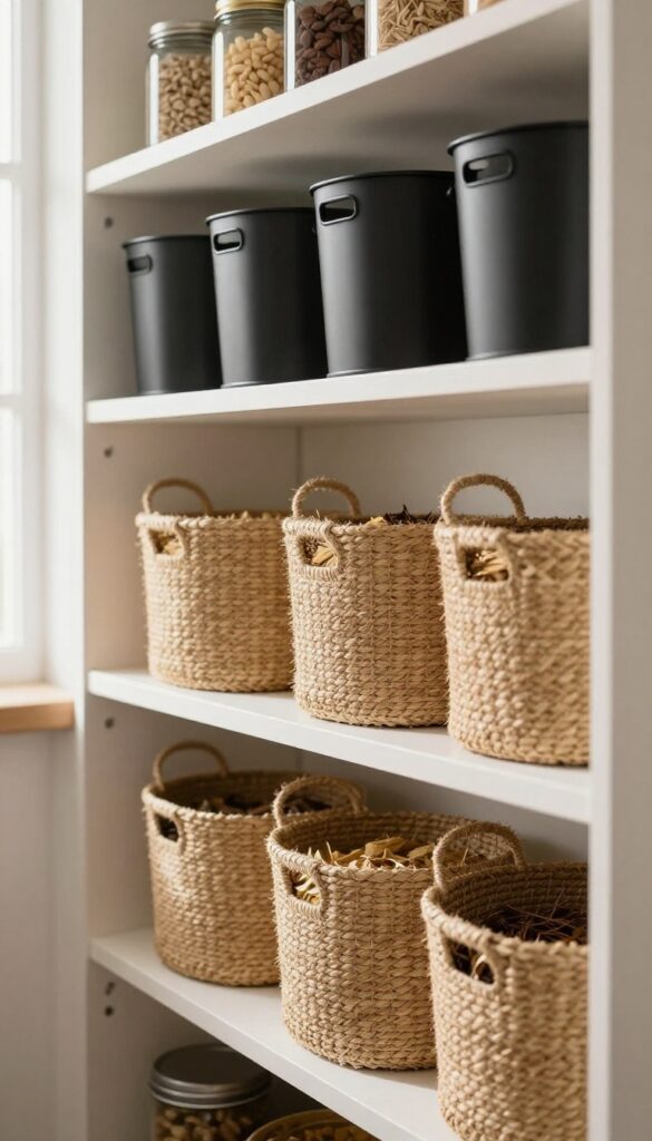 Pantry shelf with unified seagrass baskets and matte black metal bins, neatly organized, natural light, clean and calm kitchen interior.