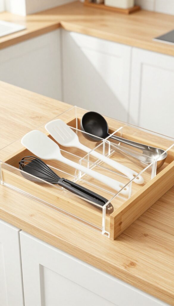 Clear acrylic utensil drawer organizers with bamboo liner and white, black, and stainless steel utensils