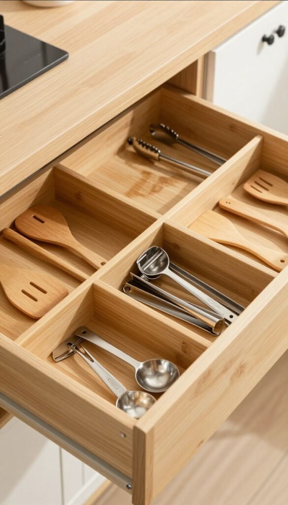 Organized kitchen drawer with bamboo dividers separating utensils and gadgets neatly.
