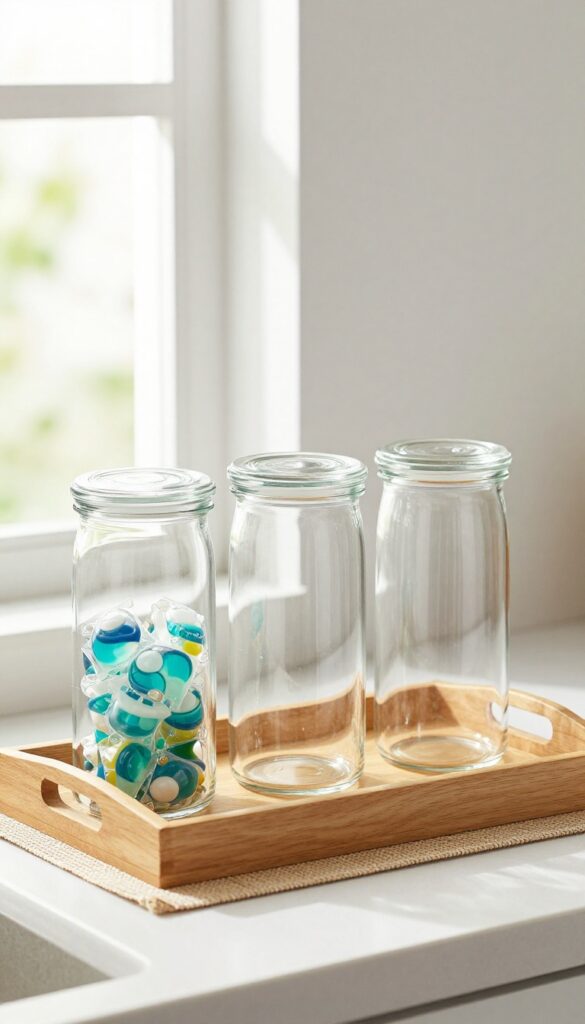 Three glass jars on a wooden tray with dishwasher pods, scrub brush refills, and rubber bands near a kitchen sink.
