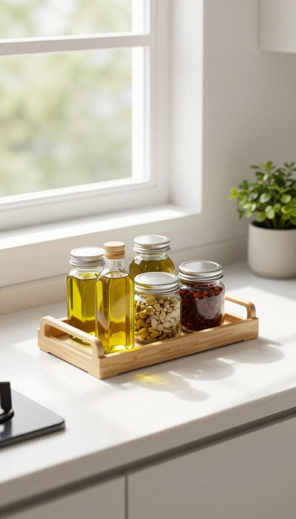 A bamboo lazy Susan on a kitchen corner counter holding neatly arranged condiment bottles, with natural light and a plant nearby.