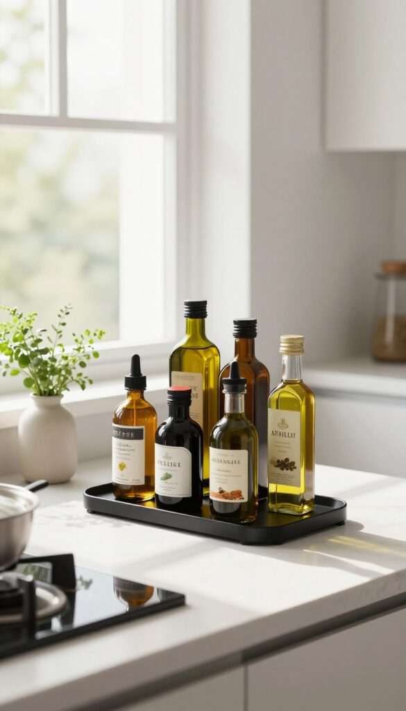 Tiered stand with oils and spices on kitchen counter
