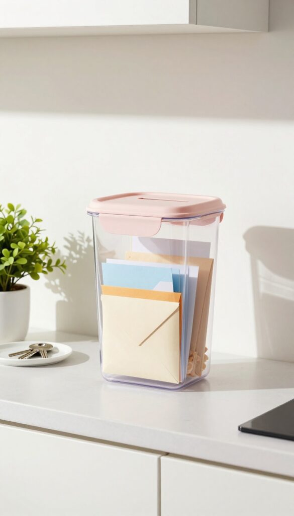 Clear plastic cereal container used as a mail drop on a kitchen counter, with letters inside, next to a tray with keys and a plant.