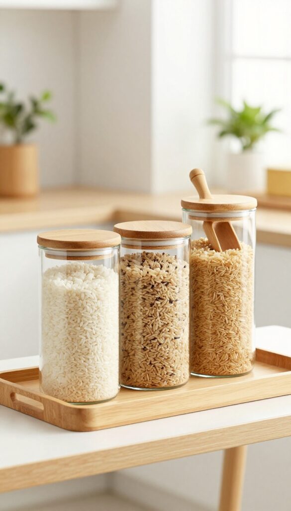 Three clear glass jars with bamboo lids filled with white, brown, and wild rice on a wooden tray, arranged on an open kitchen shelf.
