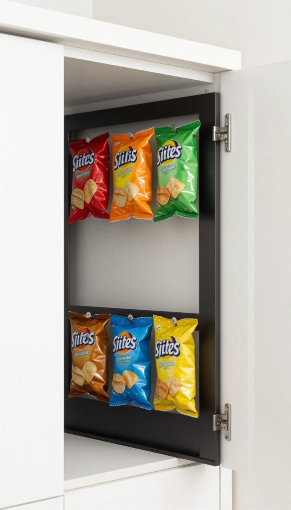 Magnetic chip bags hanging on a metal strip inside a cabinet door, organized and visible.