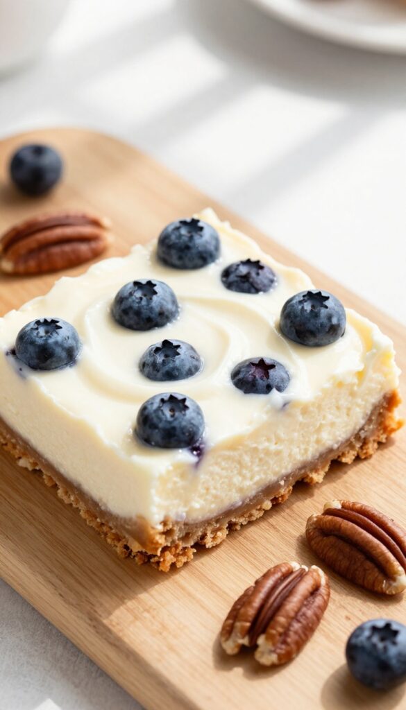 Keto sour cream blueberry cheesecake bar on a wooden board with blueberries and pecans