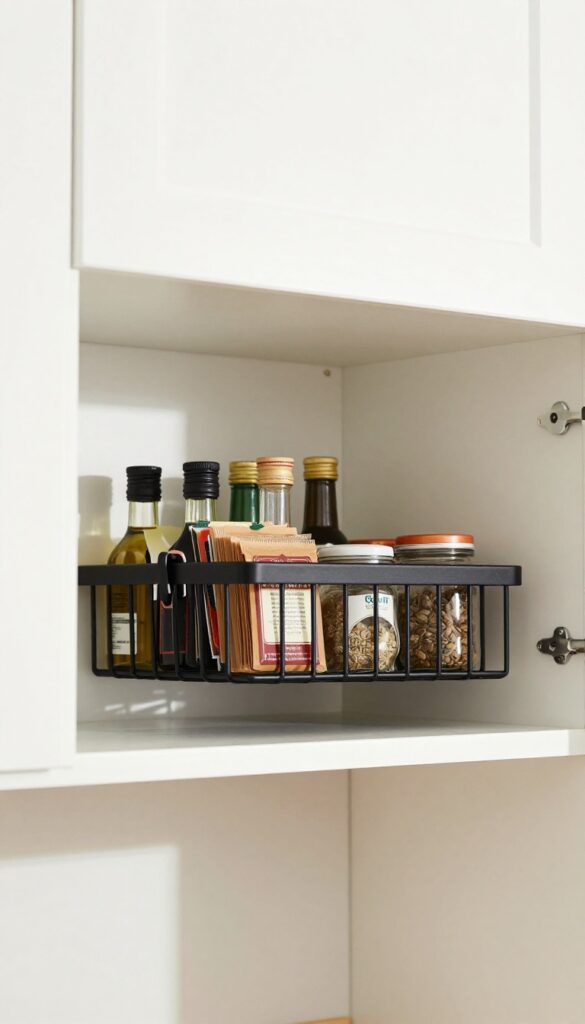 Under-shelf basket holding condiment packets and small bottles under a kitchen cabinet.