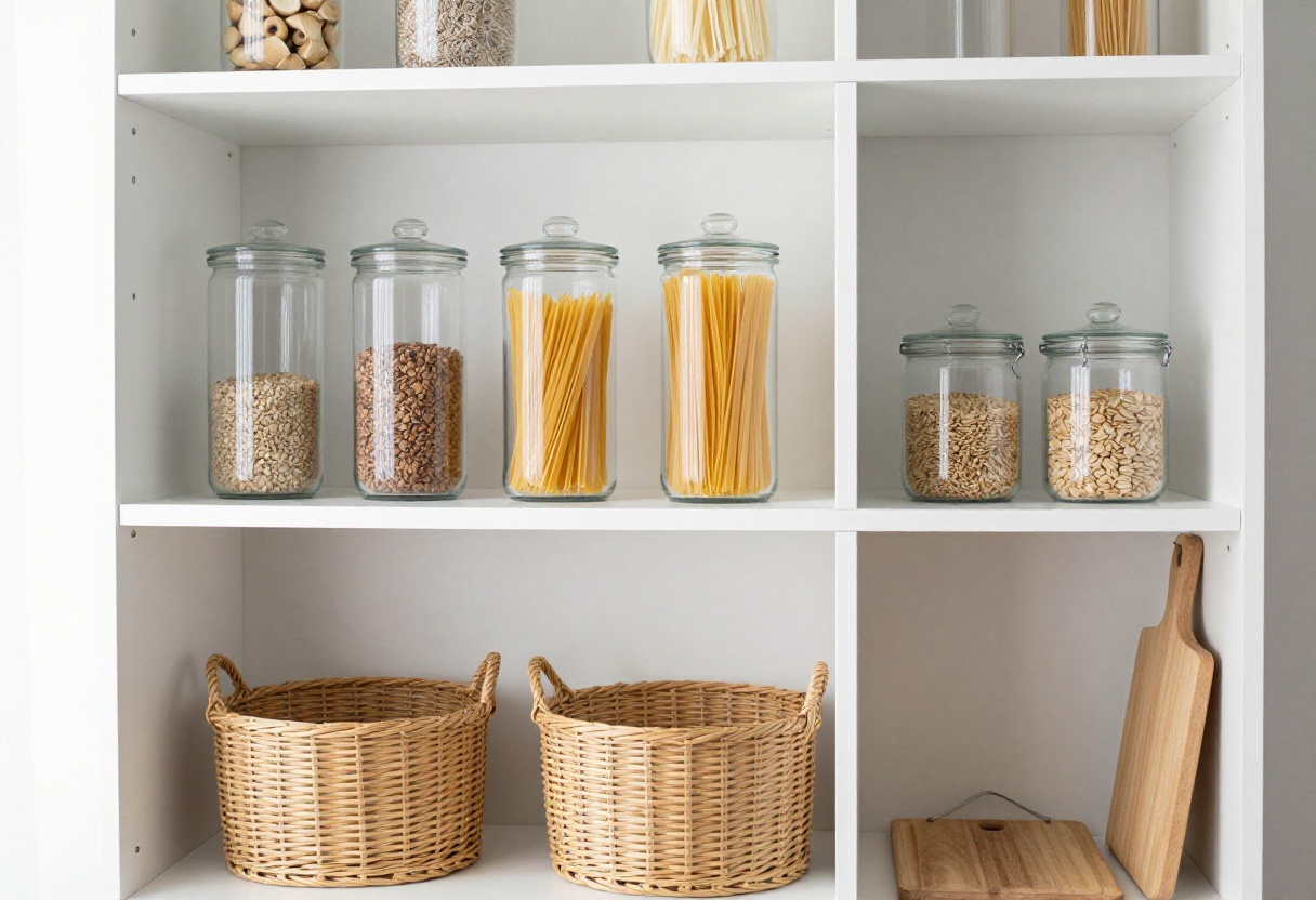 Organized closet pantry with clear jars, baskets, and tension rod storage