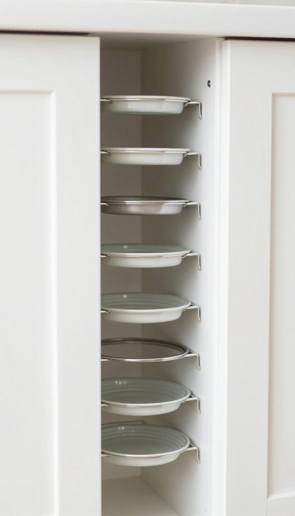Tension rod holding pot lids vertically in a narrow kitchen cabinet gap