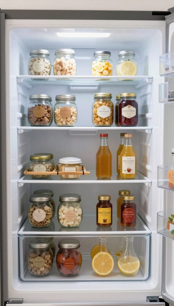 Samsung fridge interior with layered shelf risers creating visual depth, organized jars and bottles on staggered levels.
