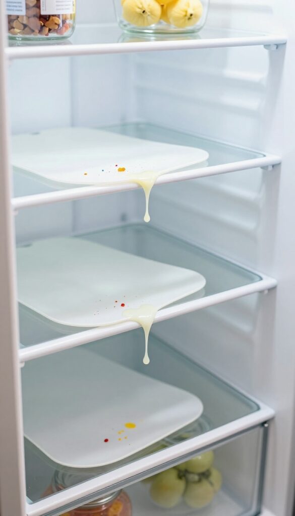 Fridge lined with white and gray non-slip mats catching spills, with jars and produce on shelves, bright natural light.